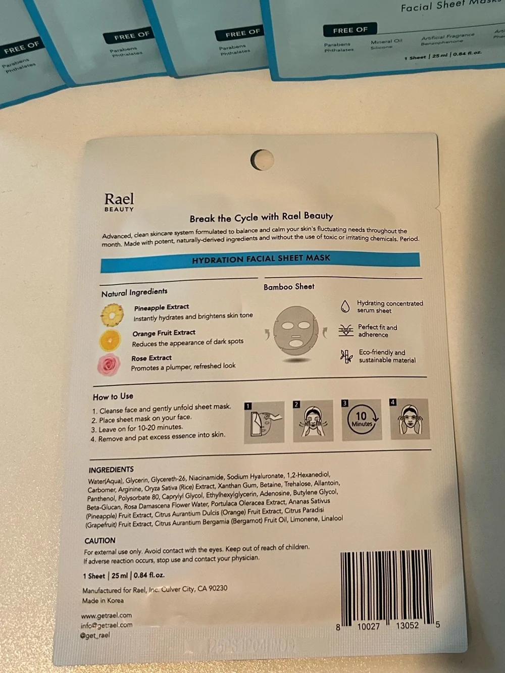 ✨ Rael Hydration Facial Sheet Masks | 5 Pack | Factory Sealed |